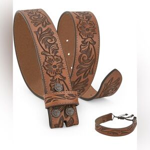 NIB Women’s Western Brown Leather Cowgirl Engraved Floral Belt with Bracelet